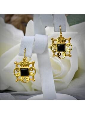 Vintage Engel Brothers EB Gold Tone Byzantine Onyx Button Earrings